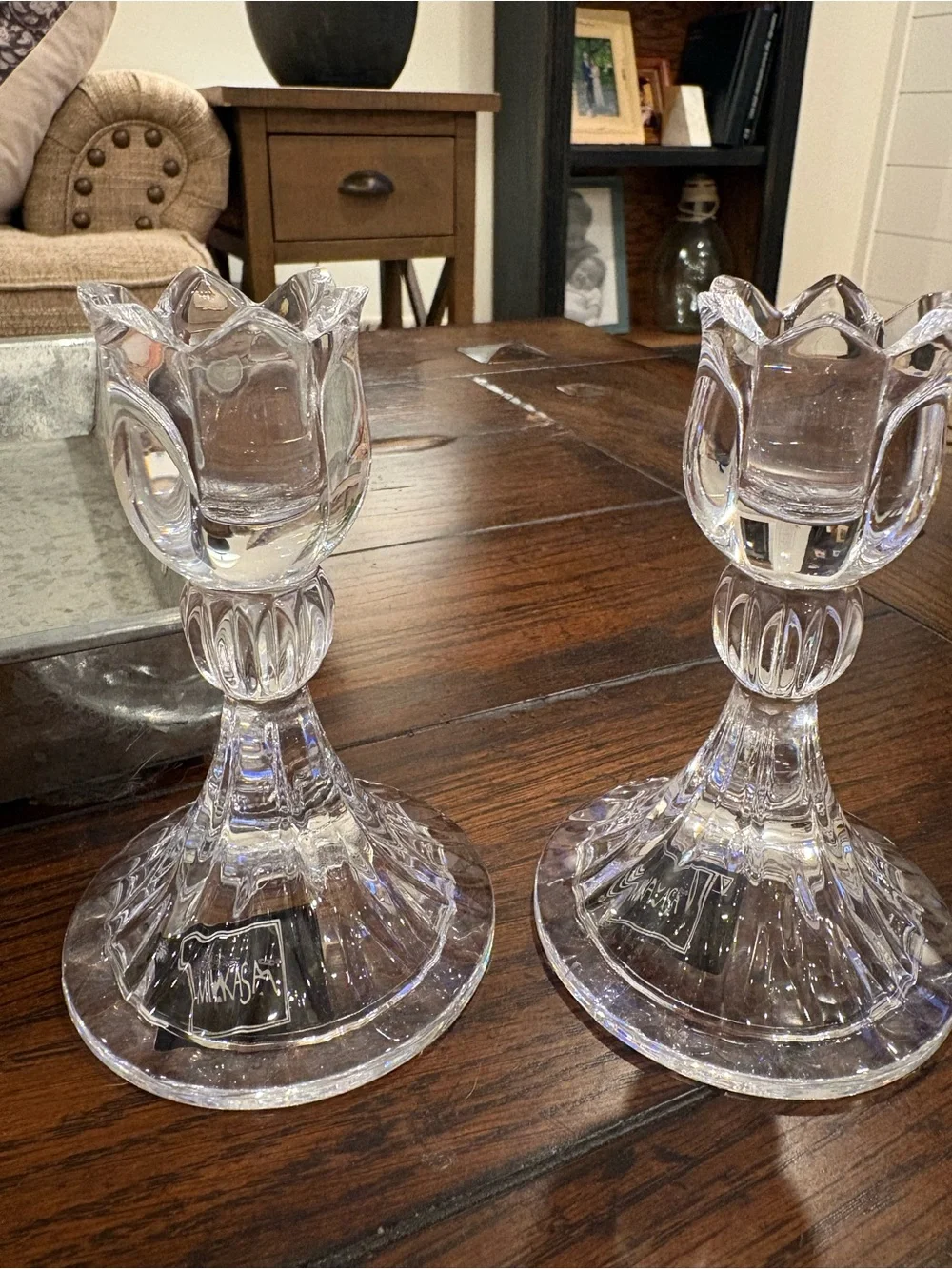 Authentic MIKASA Spring Ritual Crystal 5” Tulip Candlestick Holder Pair